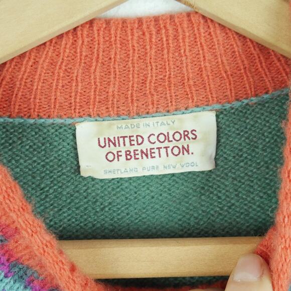 Vintage Benetton Medium Sweater Multicolor Rainbow Fair Isle Ski Nordic Wool 80s - Picture 2 of 14